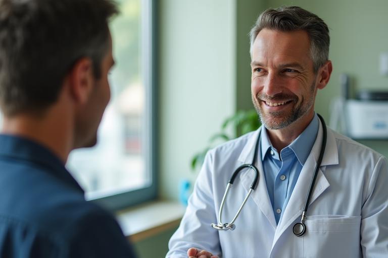 Médico especialista en salud prostática atendiendo a un paciente en consulta